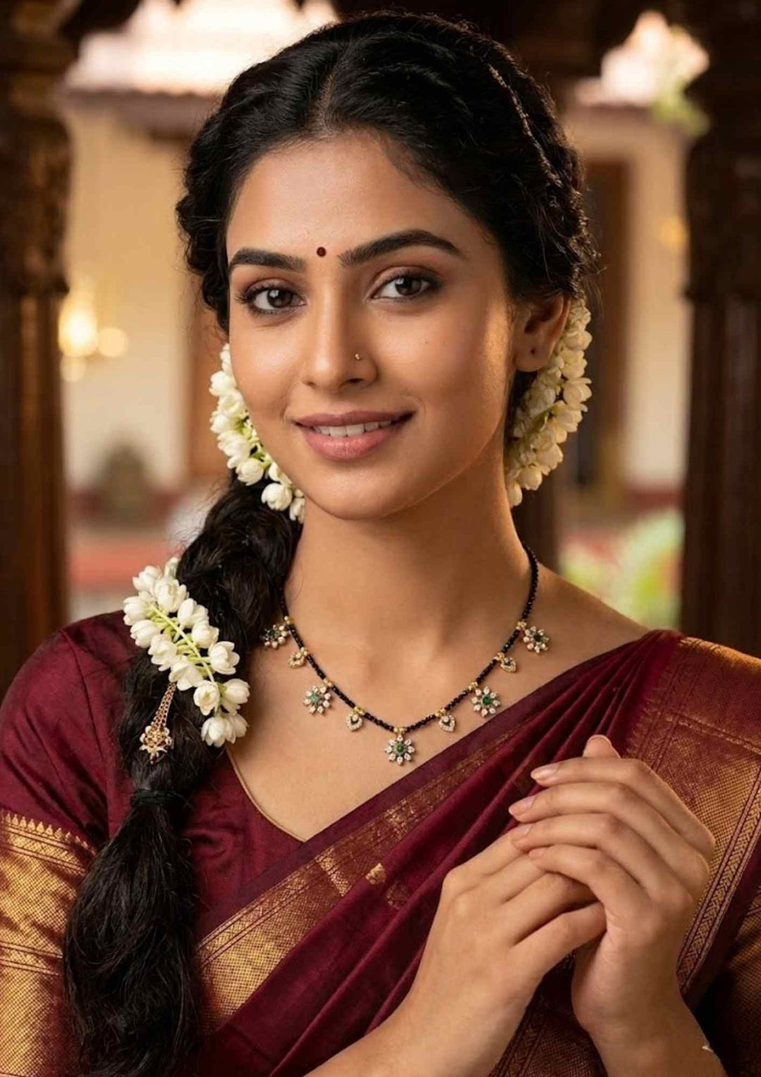 South indian woman wearing delicate diamond gold plated black beads with flowers , traditional look for pooja and dailywear and functional ware