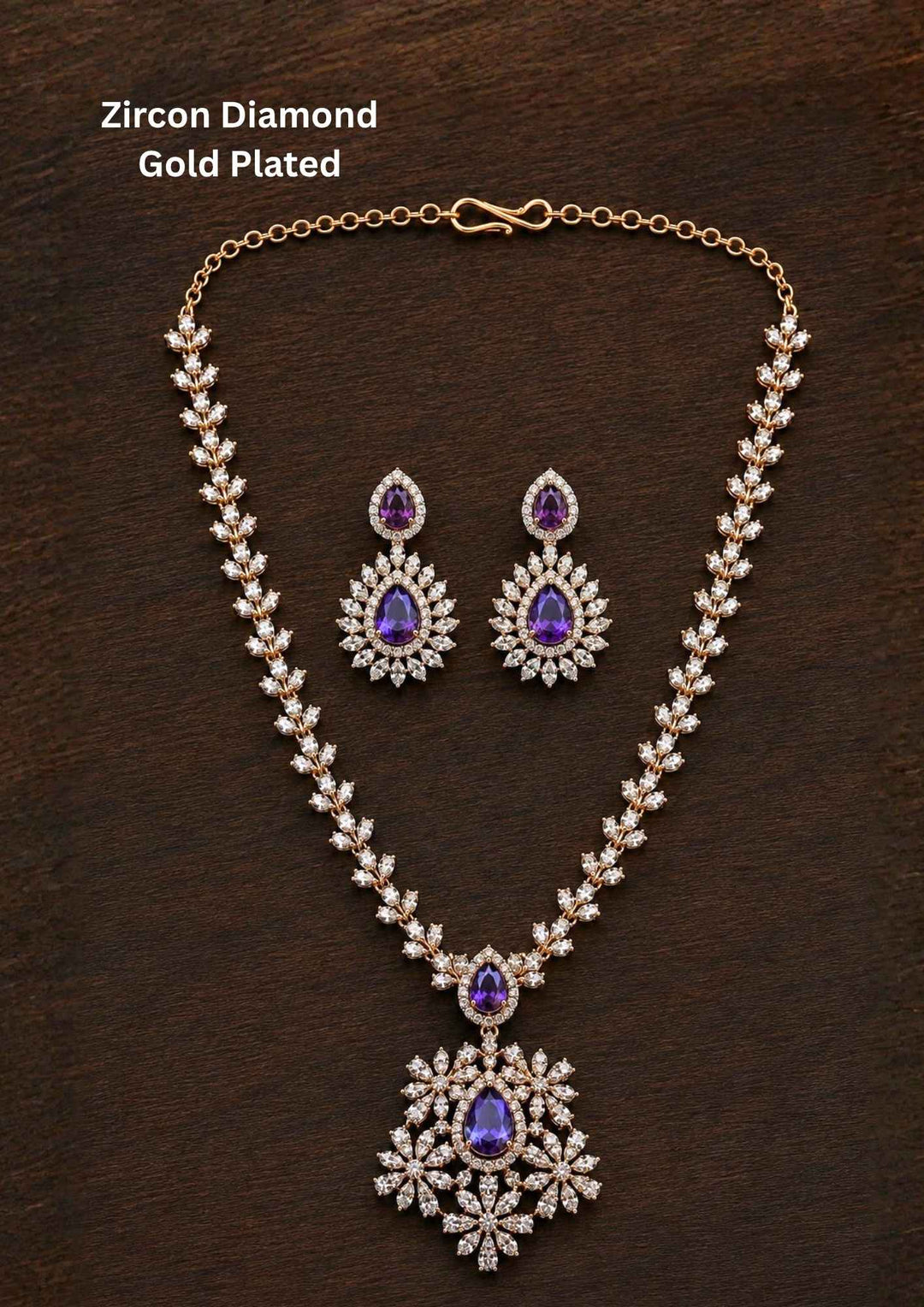 Gold-plated purple zircon diamond necklace and earrings comes with flower design and shows in detailed how it look and looks very classy and neat finishing and can be use for festival , weeding and can gift 