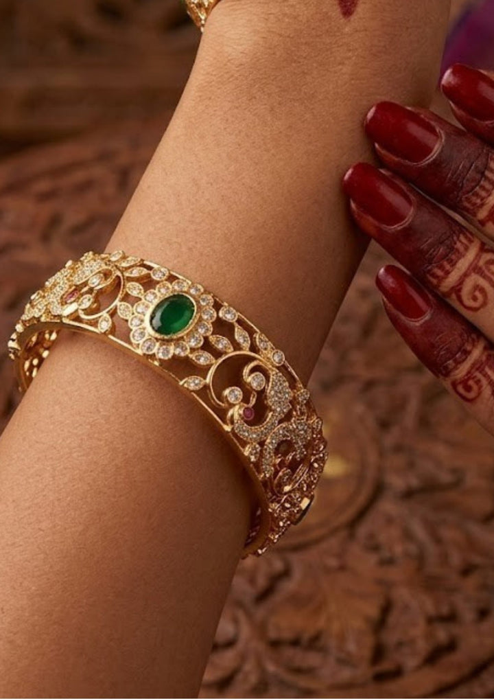 South Indian woman wearing floral diamond gold plated bangles for pooja, festivals and functions