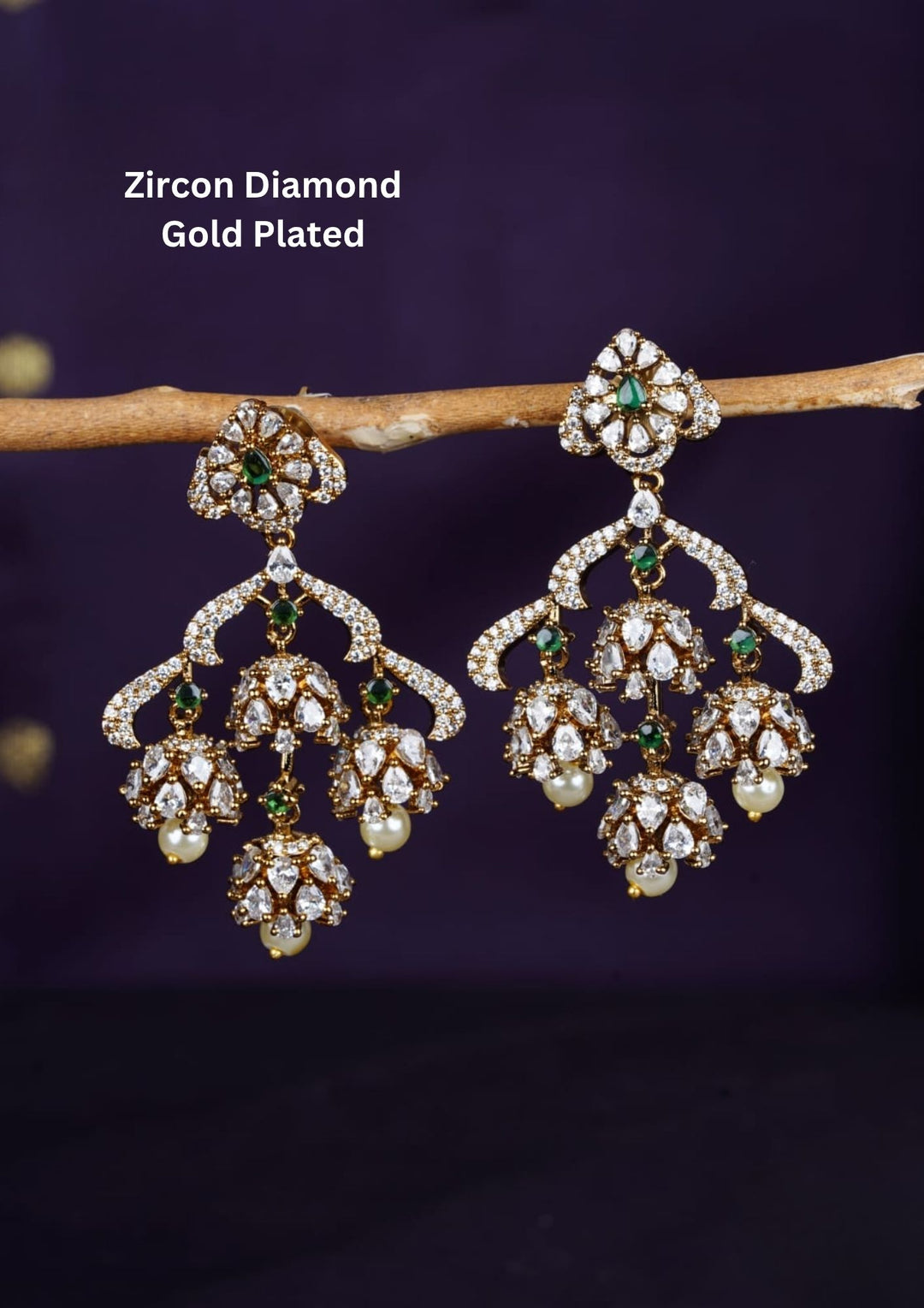 Pure Zirconian Diamond Gold Plated Chandbali Earrings green Gemstones