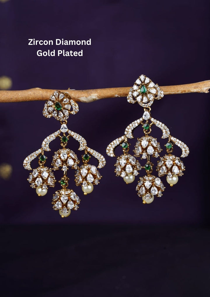 Pure Zirconian Diamond Gold Plated Chandbali Earrings green Gemstones