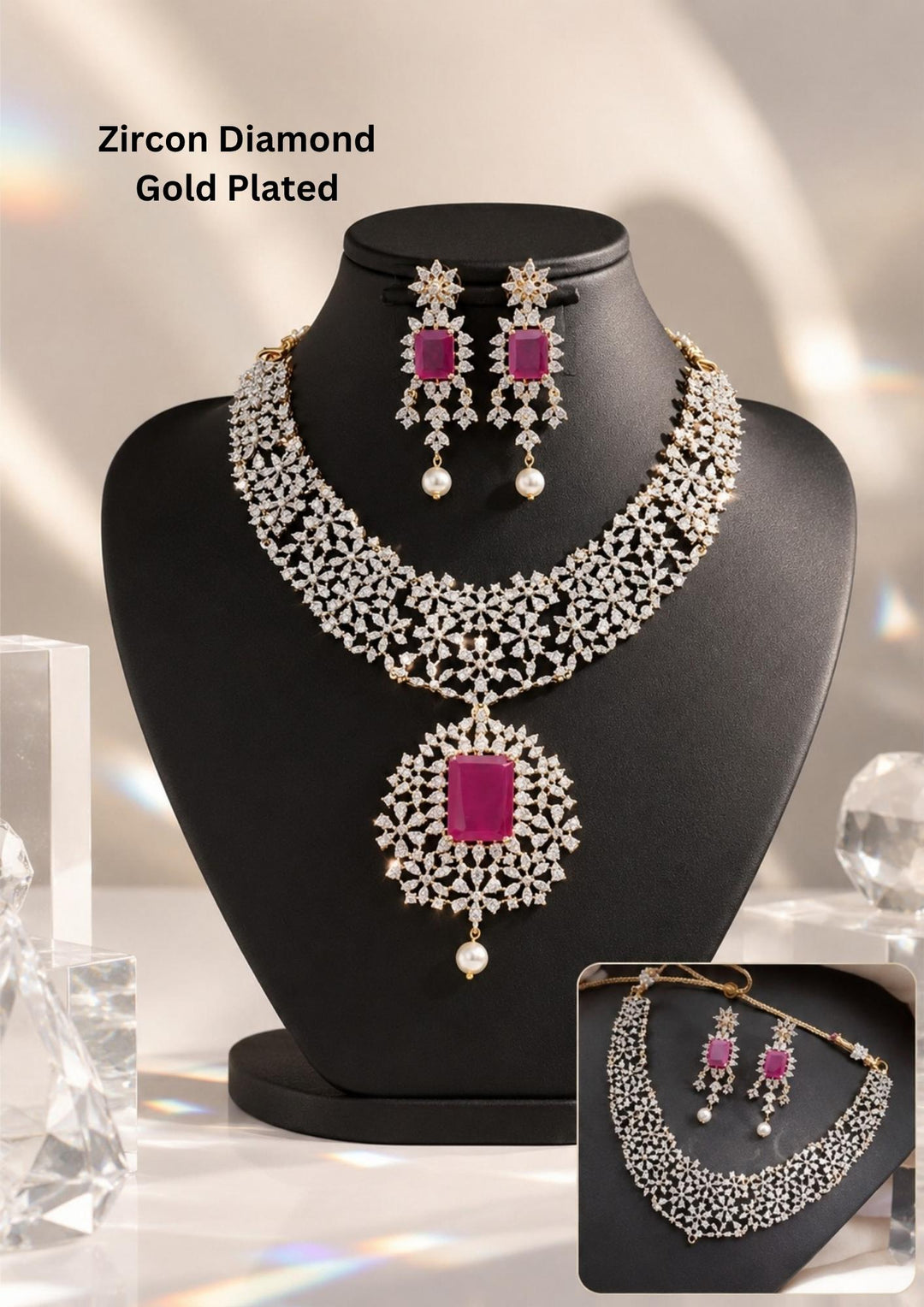 A premium gold plated choker jewelry set featuring a wide, flexible mesh band meticulously encrusted with hundreds of tiny star-shaped white zircon stones. The center drops down to a grand circular floral pendant framing a large, emerald-cut hot pink crystal with a single hanging pearl. It comes complete with matching long, dangling geometric floral earrings.