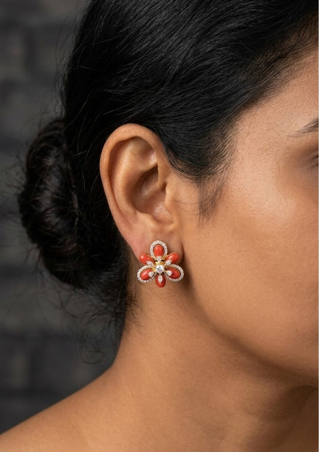 south indian women wore zircon coral studs and with neat finish can use for dailyware, pooja , festivals 