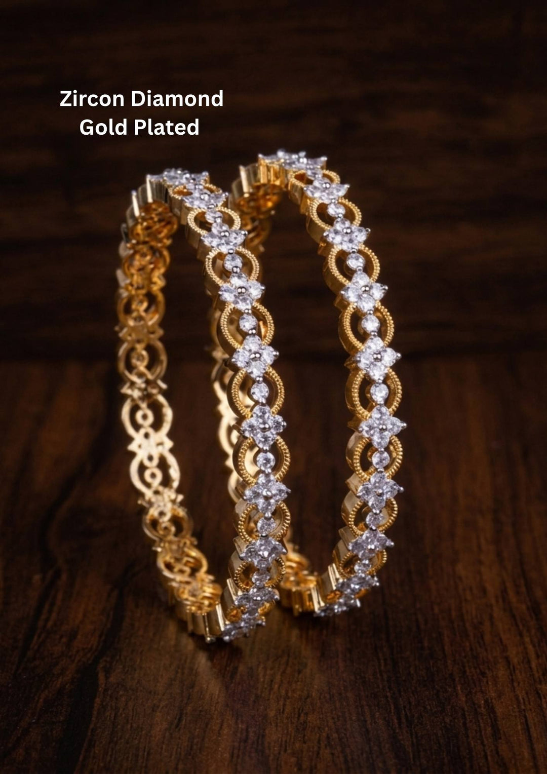 Gold-plated zircon diamond bangles comes with set of 2 and looks vert clear in picture how it looks and also in ide the bangle also in detailed and can be used for office ware , festivals and functions 