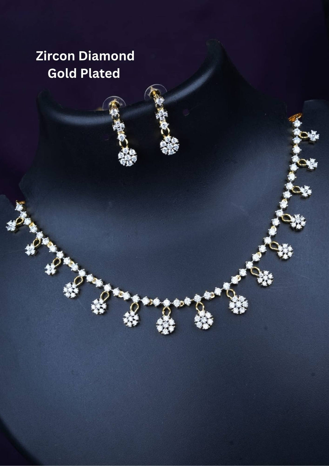 Gold-plated zircon diamond necklace and earrings comes with flower design and shows in detailed how it look and looks very classy and neat finishing and can be use for festival , weeding and can gift 