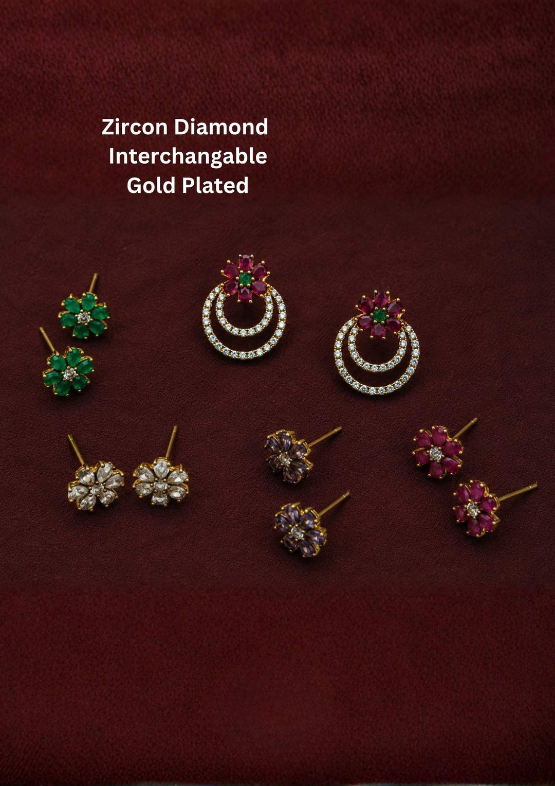Nine pairs of gold-plated zircon diamond stud earrings in various designs, including floral, double hoop, and cluster styles,Elegant zircon diamond gold plated stud earrings combo featuring colorful floral studs and sparkling circular hoop earrings. Perfect for daily wear, office wear, festive occasions, gifting, and special events.