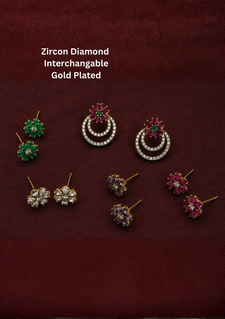 Nine pairs of gold-plated zircon diamond stud earrings in various designs, including floral, double hoop, and cluster styles,Elegant zircon diamond gold plated stud earrings combo featuring colorful floral studs and sparkling circular hoop earrings. Perfect for daily wear, office wear, festive occasions, gifting, and special events.