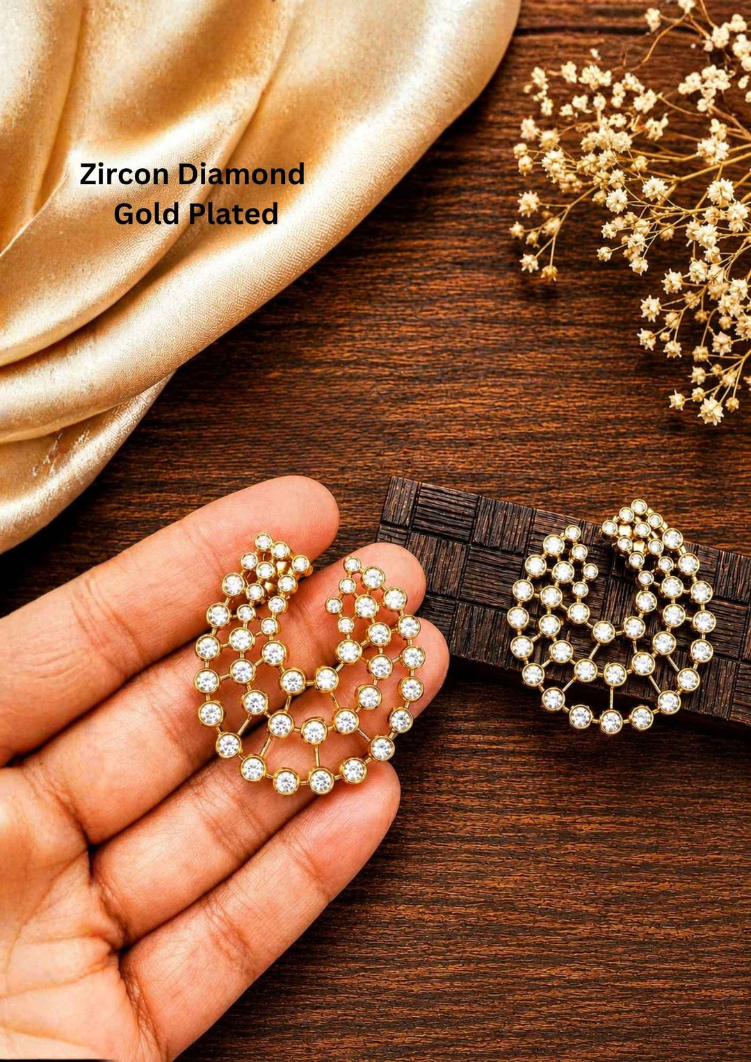 Our Zircon Diamond Gold Plated Kundan Earrings with zircon stones perfect for weddings, parties it is anti fade color | Cod available at Zevana