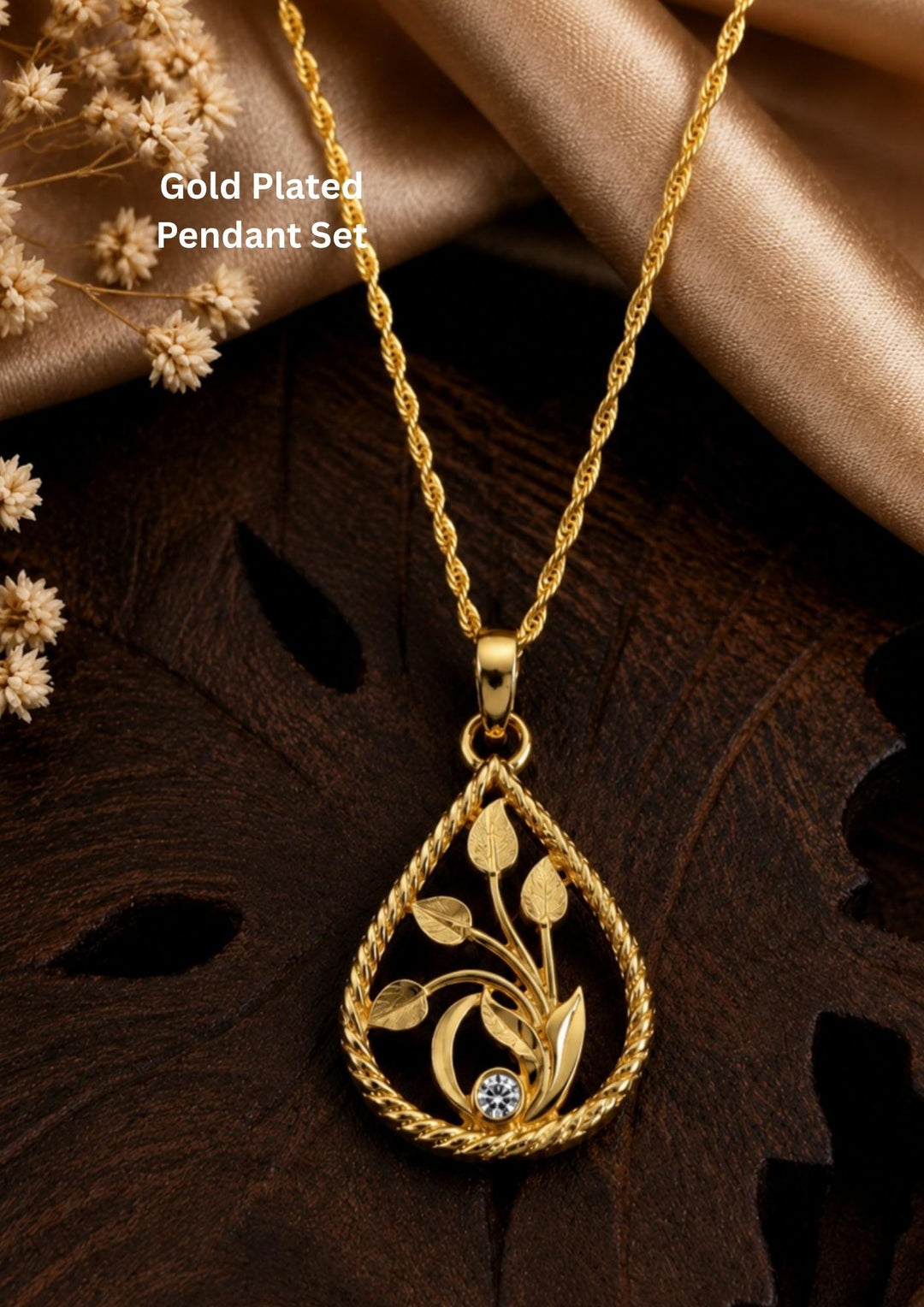 Elegant Zircon Diamond Gold Plated necklace set featuring sparkling zircon stones, a floral pendant with pearl drops, and matching earrings. Lightweight premium jewellery perfect for weddings, festive occasions, parties, traditional wear, and gifting.
