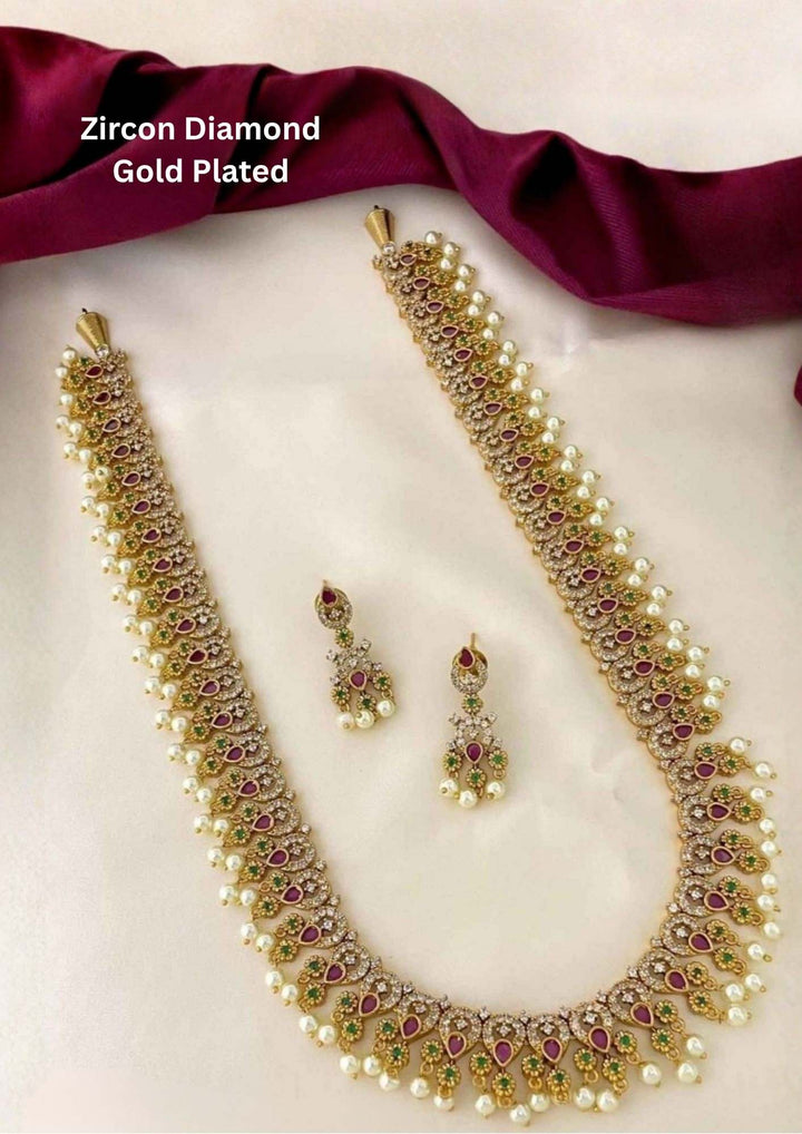 Zircon Diamond Gold Plated Pearl Drop Necklace with Earrings