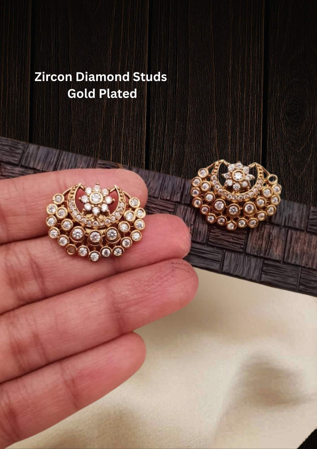 gold plated zircon diamond studs which shows earrings shown very clear in picture and also in image it shows as in half moon shape and it called polki studs and can use for daily ware, office ware , and for gifting 