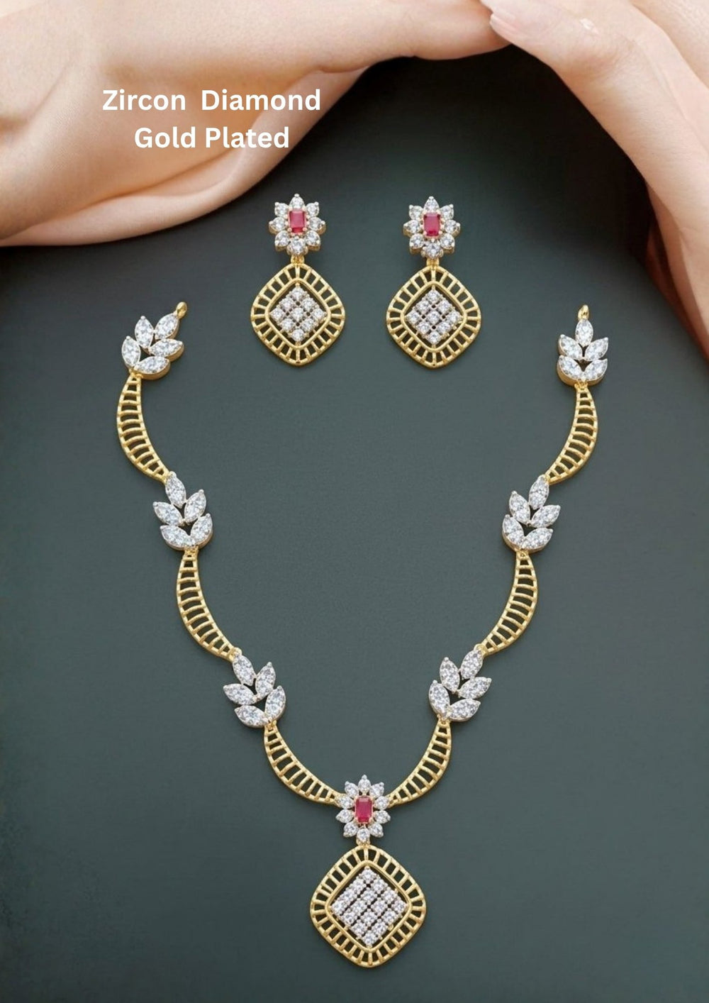 Zircon  Diamond Gold Plated ruby neckalce set Leaf design perfect for bith traditional and modern wear