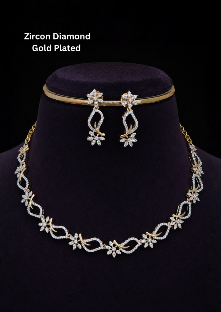 Gold-plated zircon diamond necklace and earrings comes with classic look and in shown very detailing how it look and can be used for festivals , kitty party , functions and can gift 