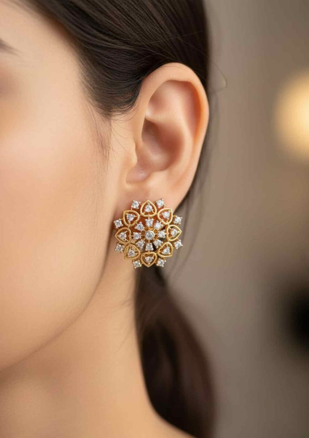 traditional women wearing a heart shape studs with shine and good looking and used for dailyware ,  functional , festivals and giffting