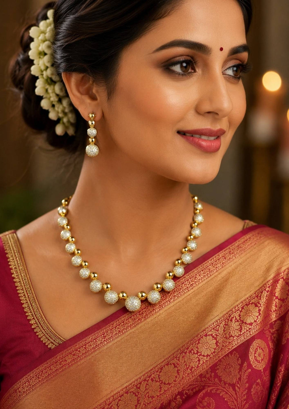 South Indian Woman wearing Gold Plated Zircon Diamond necklace set designed in ball model with some pusalu and it comes with matching earrings perfect for weddings, functions, festivals and it is anti fade color and skin friendly best for gifting