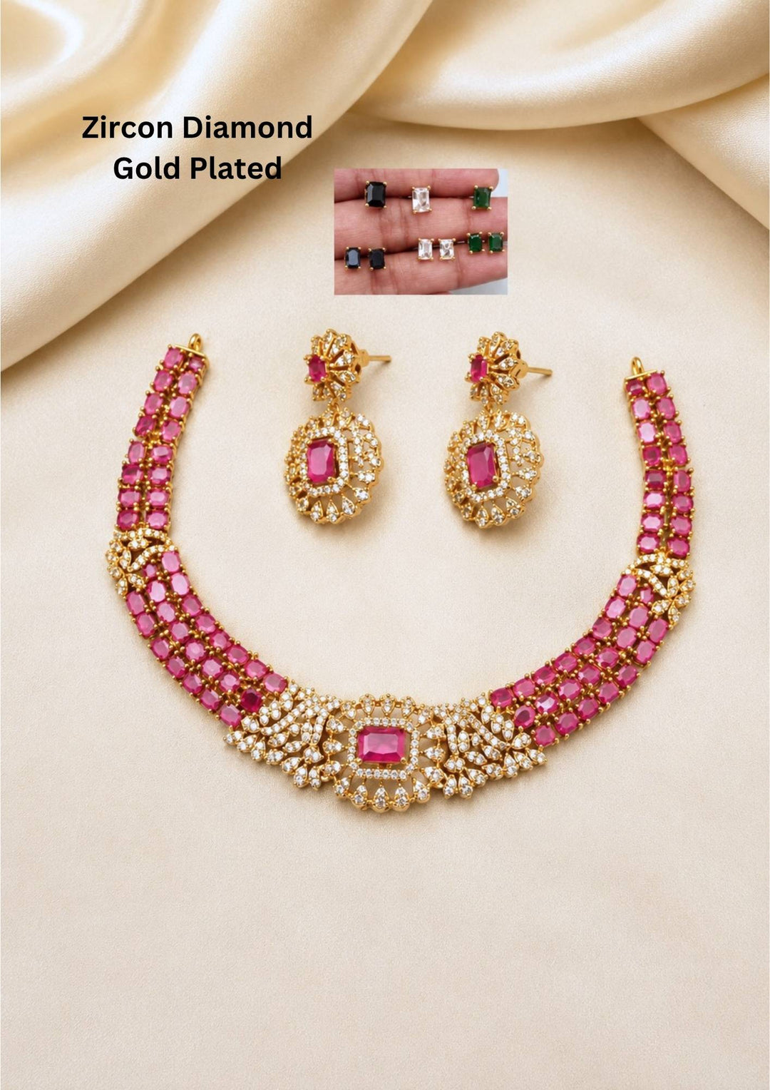 gold plated jewelry set featuring a three-row collar choker necklace crafted with brilliant ruby-pink zircon stones. The set includes a matching pair of elegant hanging earrings. An inset image displays interchangeable rectangular center stones in alternative colors like navy blue, clear white, and emerald green. Perfect for versatile styling with premium quality, comfortable fit