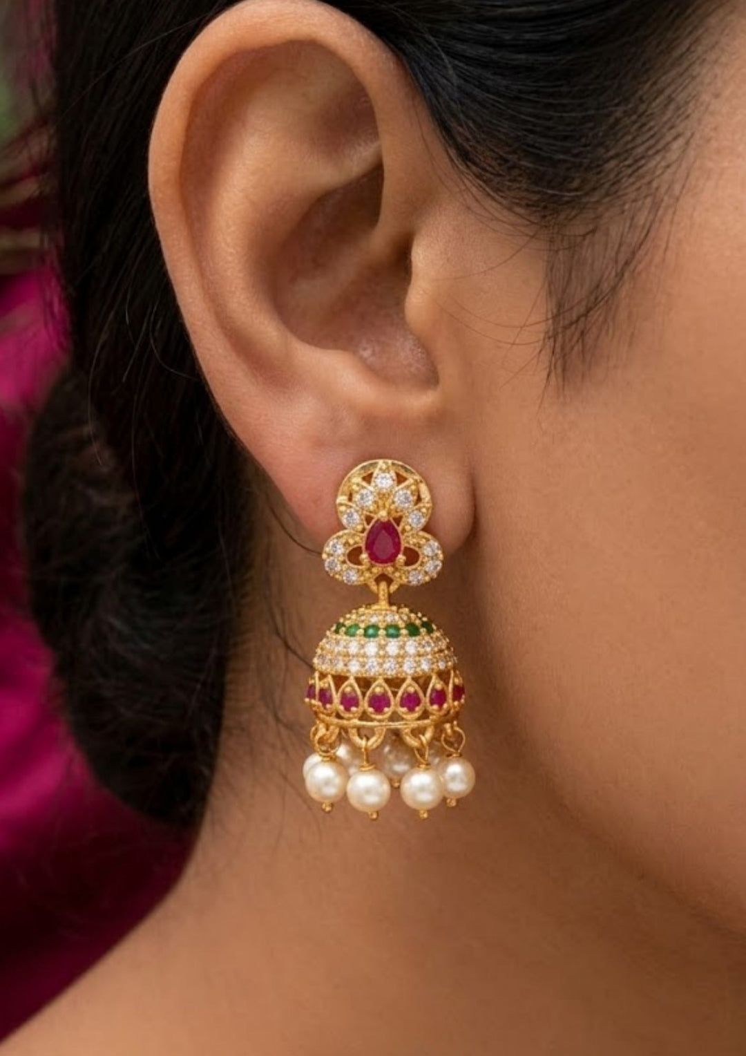 south indian women ware Gold-plated zircon diamond earrings with pearls comes with red and green gemstones and image clearly shows how it looka and can be used for traditional ware and can gift