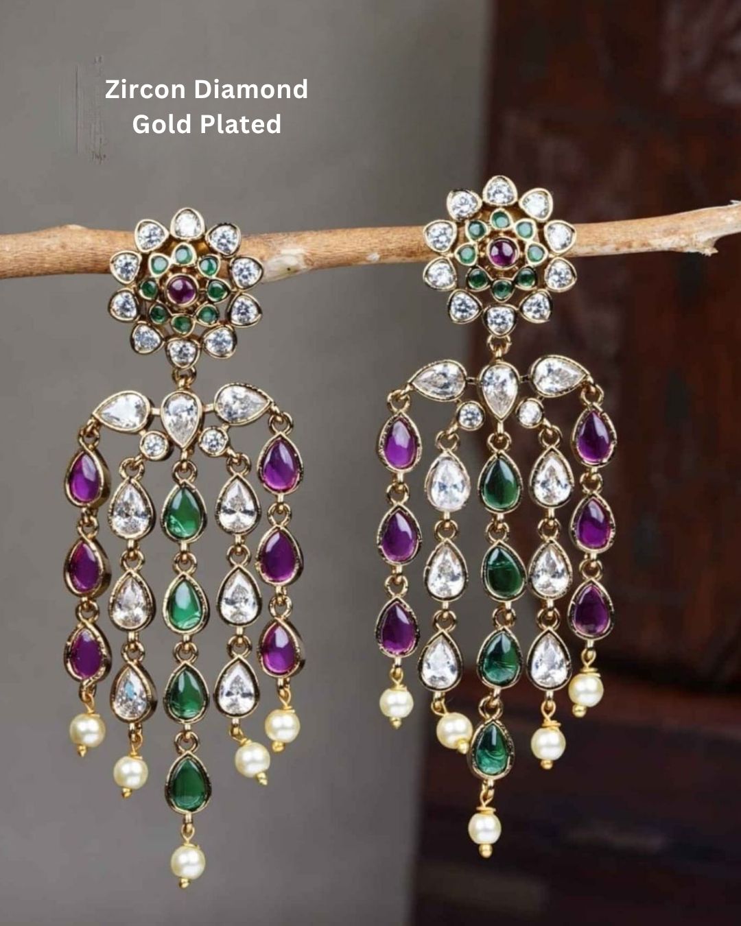 Gold-plated zircon diamond earrings with green and white stones featuring colorful zircon stone options, simple elegant drop design, premium gold plated finish, lightweight structure, sweat resistant coating, anti-fade polish, and skin-friendly wear suitable for daily use, office wear, festivals, and casual wear, daily wear. -- green