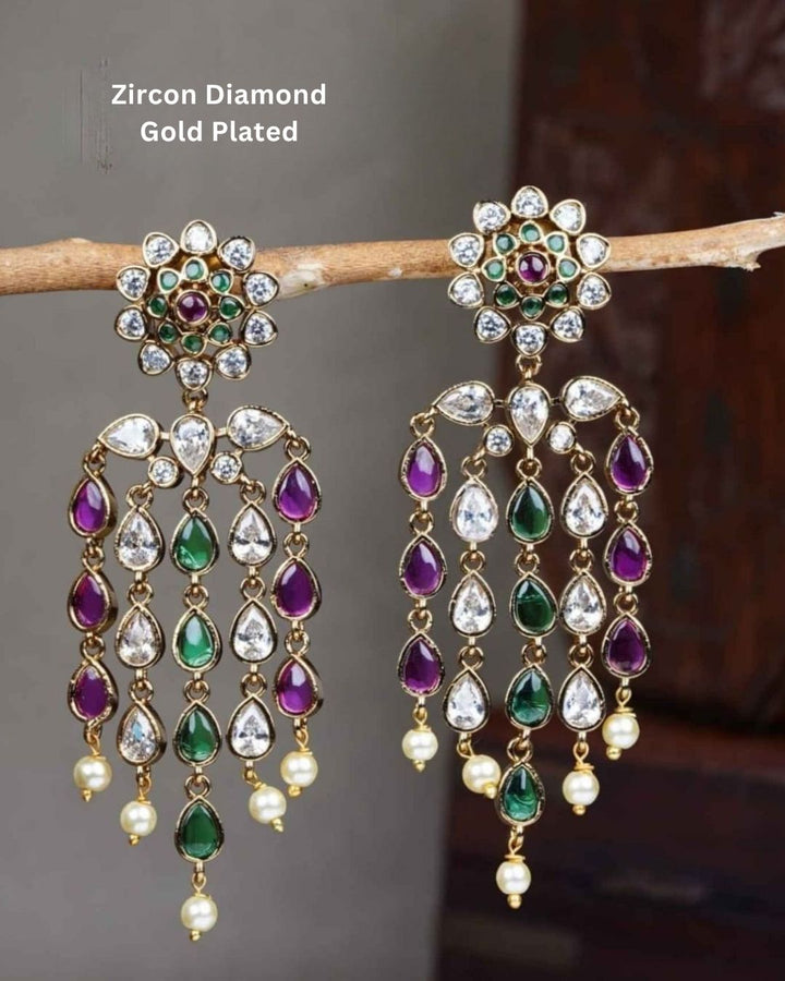 Gold-plated zircon diamond earrings with green and white stones featuring colorful zircon stone options, simple elegant drop design, premium gold plated finish, lightweight structure, sweat resistant coating, anti-fade polish, and skin-friendly wear suitable for daily use, office wear, festivals, and casual wear, daily wear. -- green
