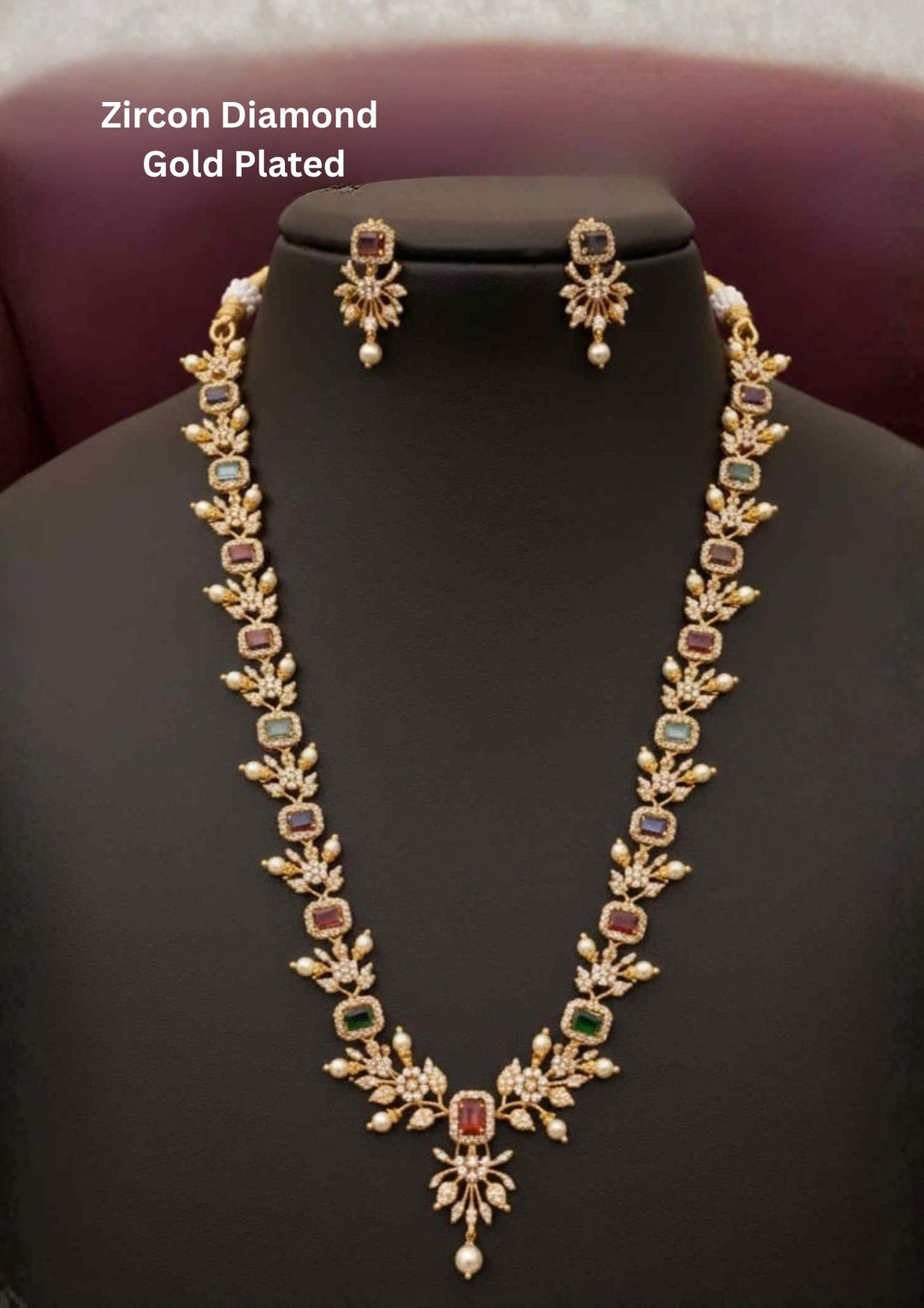Diamond Gold Plated Navaratna multi colour with flower design, intricate, delicate for traditional south indian women. 
