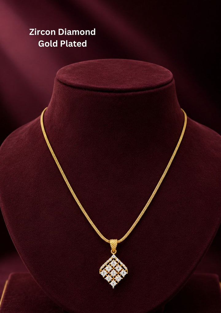 Elegant zircon diamond gold plated pendant chain featuring a geometric square crystal pendant on a sleek gold chain, perfect for daily wear and festive occasions.