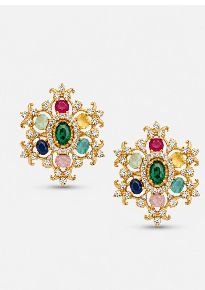 Zircon Diamond Gold Plated navarathna gemstone Studs with White Background can see very detail in white background 