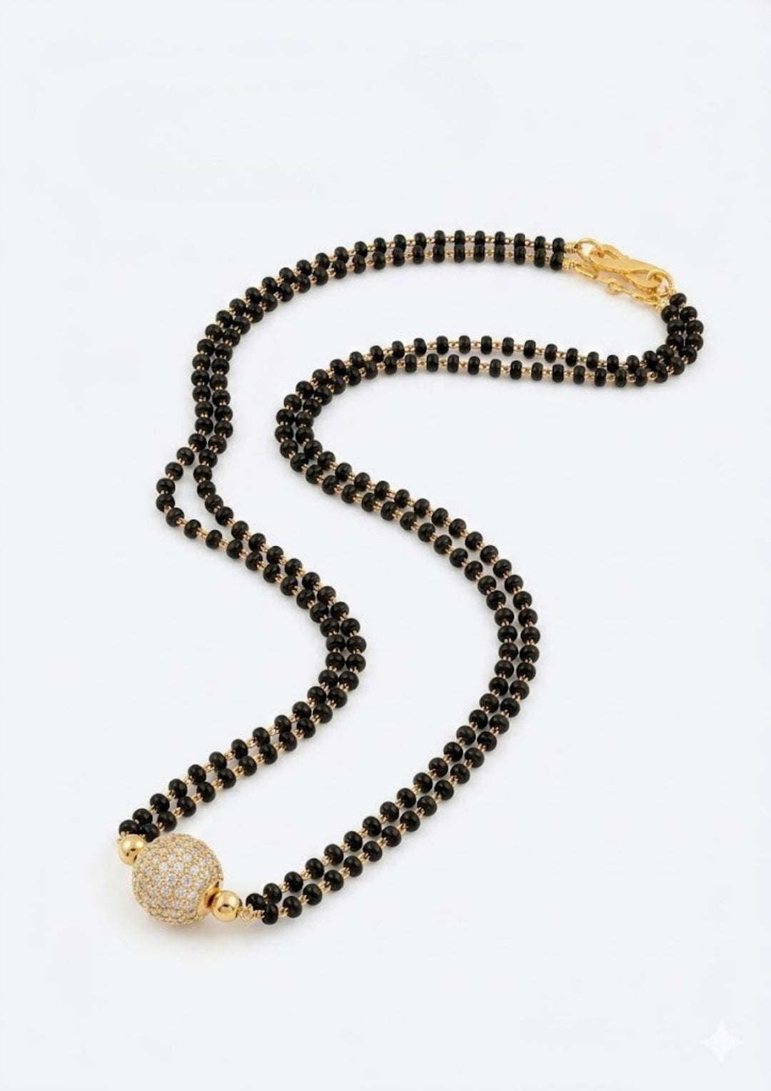 Zirco Diamond Ball Shape Pendant Gold Plated Mangalsutra White Background and looks very perfect and in this mangalsutra (nallapusallu)looking very detailed 