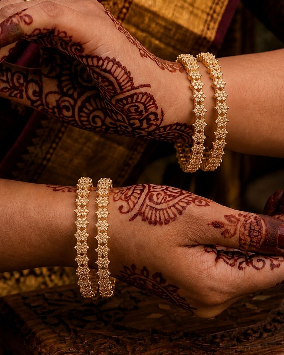 Beautiful gold plated zircon diamond bangle set with intricate floral stonework, perfect for weddings, festive occasions, traditional wear, and gifting.