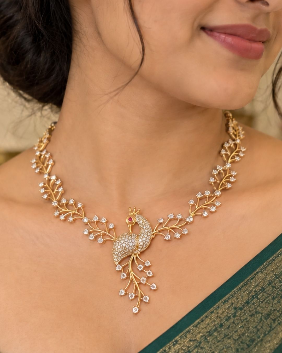 Premium peacock-inspired necklace set crafted with shimmering zircon stones and matching earrings. Beautiful zircon diamond gold plated peacock necklace set featuring elegant leaf patterns, sparkling zircon stones, and matching peacock earrings. Perfect for weddings, receptions, festive occasions, and party wear.