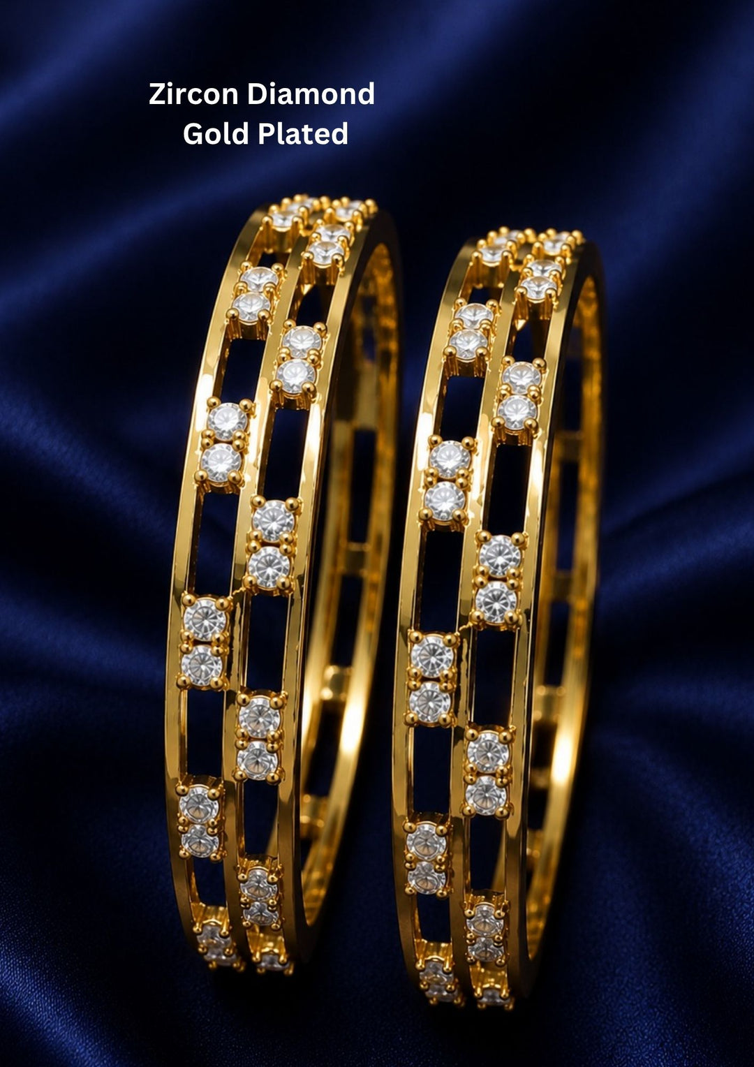 Beautiful zircon diamond gold plated bangle pair featuring dazzling CZ stones, an elegant openwork pattern, and premium craftsmanship. Perfect for daily wear, parties, weddings, festive occasions, traditional outfits, and premium gifting.