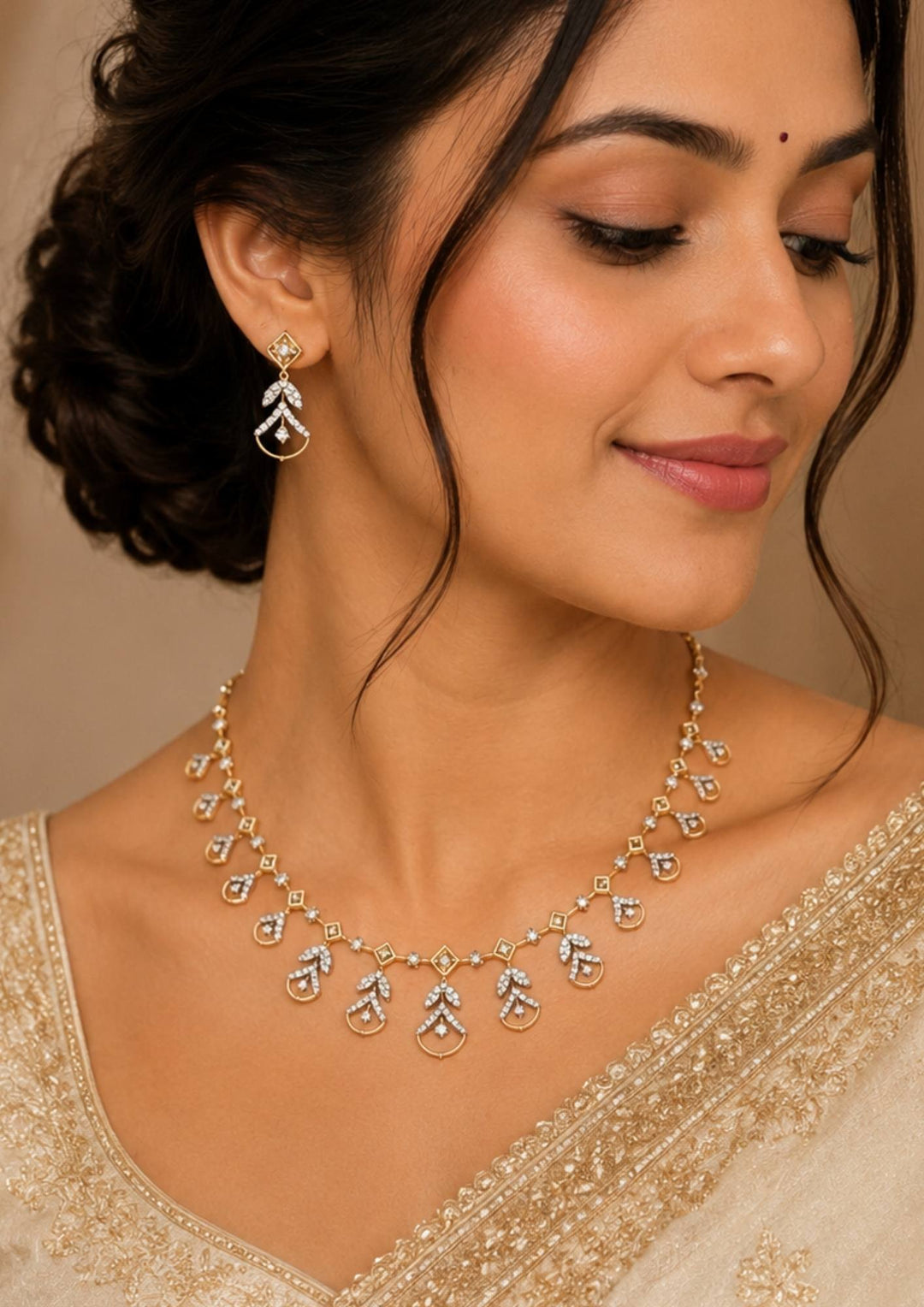 South Indian woman wearing Gold Plated Floral Necklace Set with floral zircon stone detailing and matching earrings that gives a modern elegant jewelry look. The necklace set shows sparkling stone with lightweight comfort, sweat proof finish, anti-fade colour, and is suitable for parties, festivals, functions, and wedding occasions.