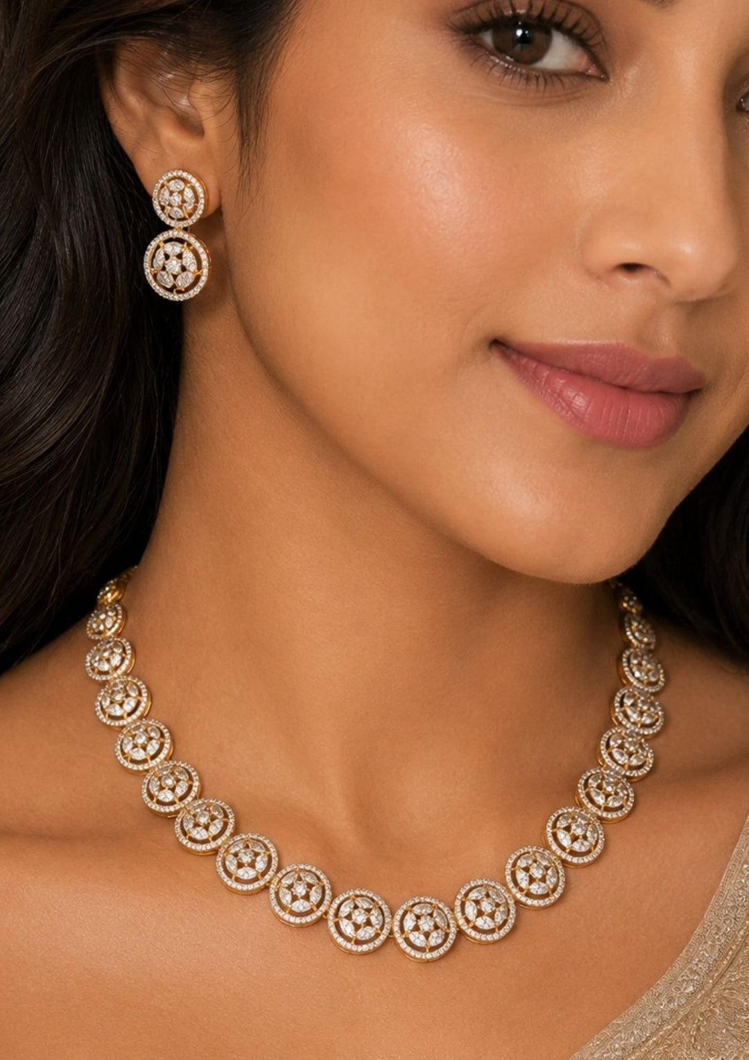 South Indian Woman wearing a Gold-plated zircon diamond necklace and earrings comes with floral design and shows in detailed how it look and looks very classy and neat finishing and can be use for festival , weeding and can gift 