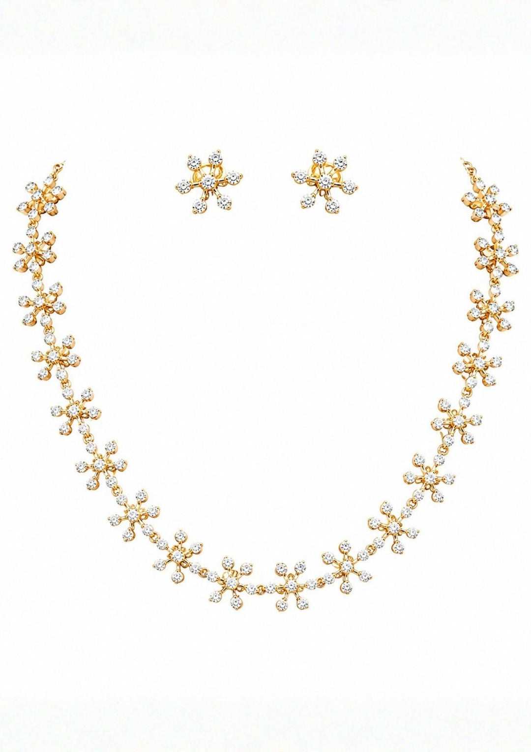 Zircon diamond flower design gold plated necklace set with flower-shaped zircon diamond pattern, matching floral earrings, and elegant stone arrangement finished with shiny gold plating. The necklace set comes with lightweight comfort, sweat proof quality, anti-fade colour, skin-friendly finish, smooth fitting, and is suitable for functions, festivals, weddings, parties, and traditional jewelry wear and ideal for gifting. 