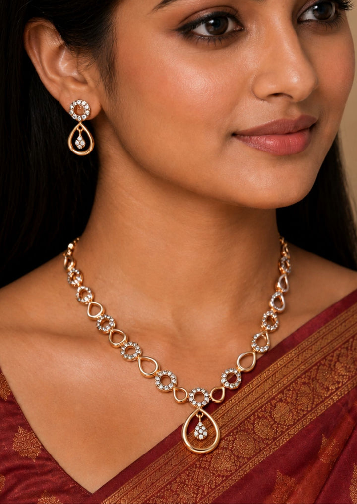 South Indian Woman wearing a Zircon diamond gold-plated necklace and earrings with classic model and shown very detailed in picture how it looks and do use for weeding&