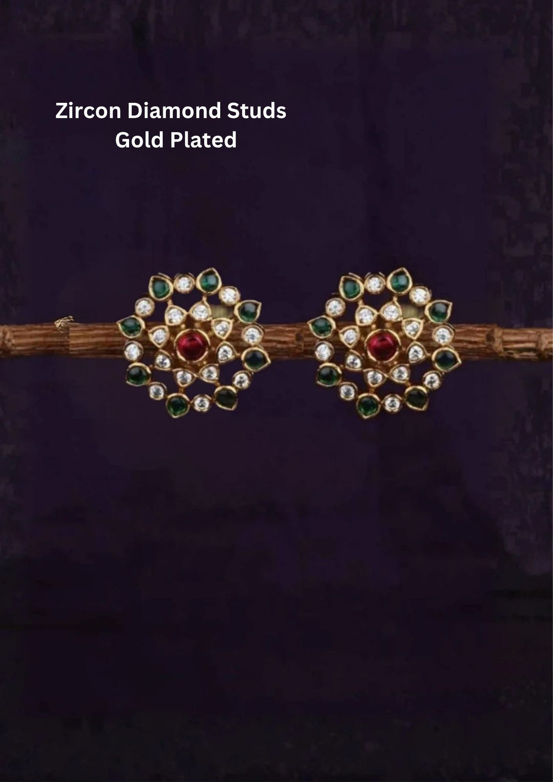 Zircon diamond studs gold plated design with traditional flower design, used green and red ruby stones and white pearls. These earrings have a gold finish, are lightweight, and comfortable to wear. Perfect for daily wear, pooja, weddings, festivals, functions, and family occasions. They are sweat-proof, anti-fade, skin-friendly, and easy to wear for long hours.