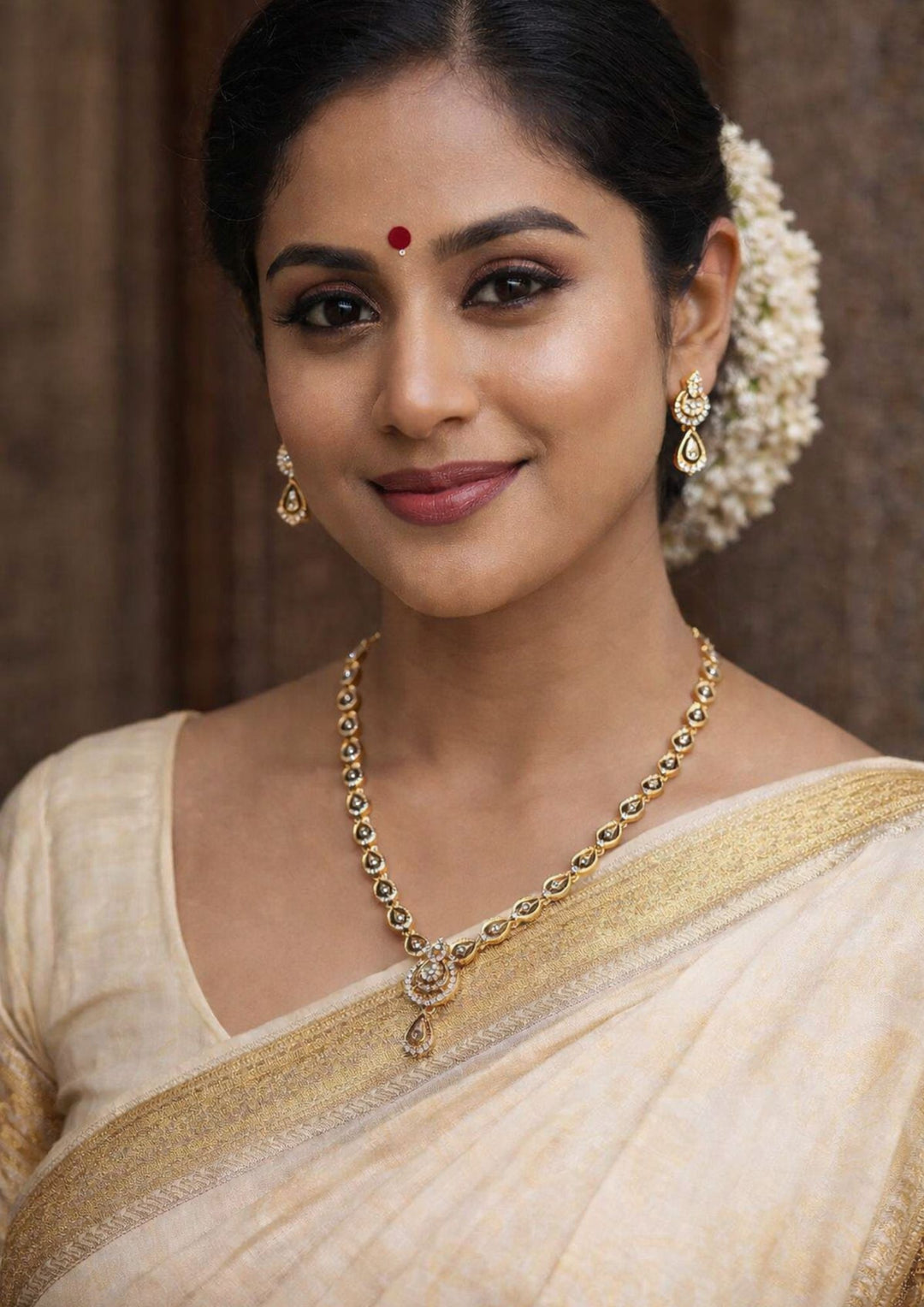 model traditional south Indian Woman wearing a traditional sarry with gold plated matt necklace set with weeding , festival ware jewelry 