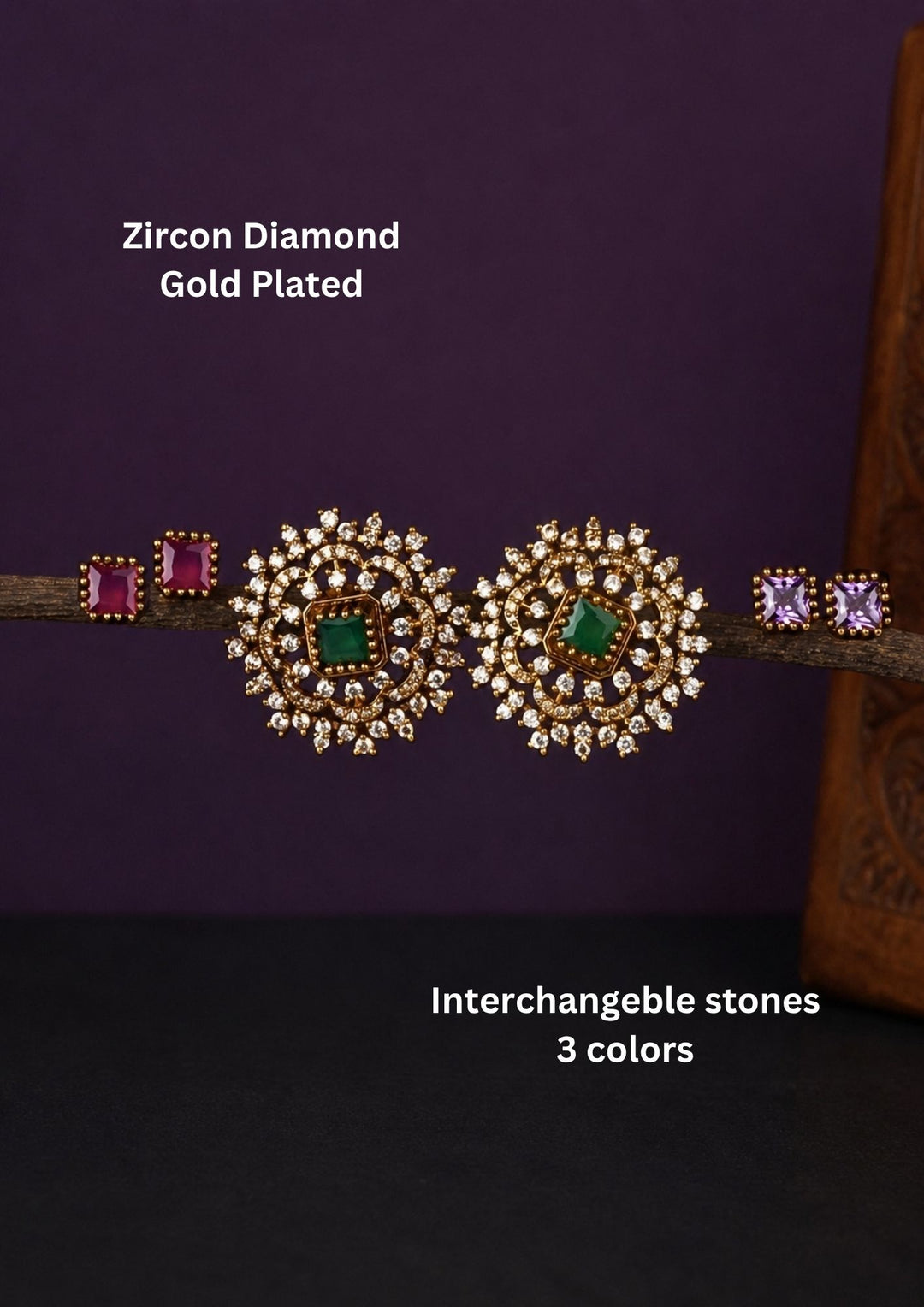 Gold-plated jewelry set with interchangeable stones with purple, pink, green. ornate studs with a gold-toned base. They are heavily embellished with multiple rows of glittering white stones (likely American Diamonds or CZ stones) arranged in a sunburst or floral pattern.