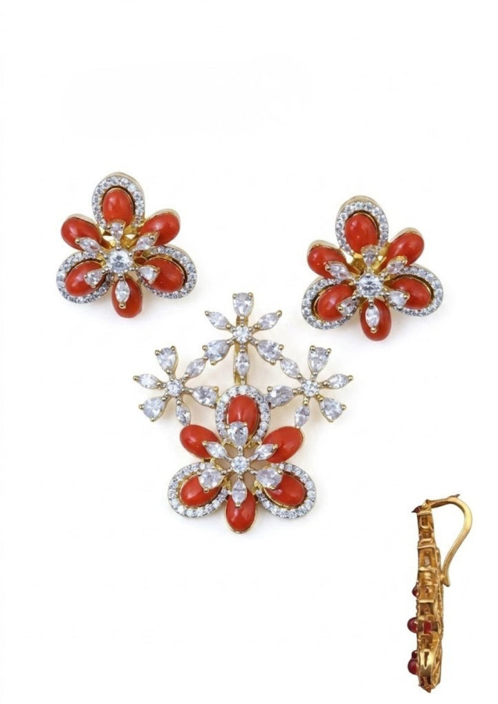 Zirconian Diamond Gold Plated Coral Open Hook Pendant set and shines brighter gives rich look on white background flat lay detail for pooja, south indian festivals 