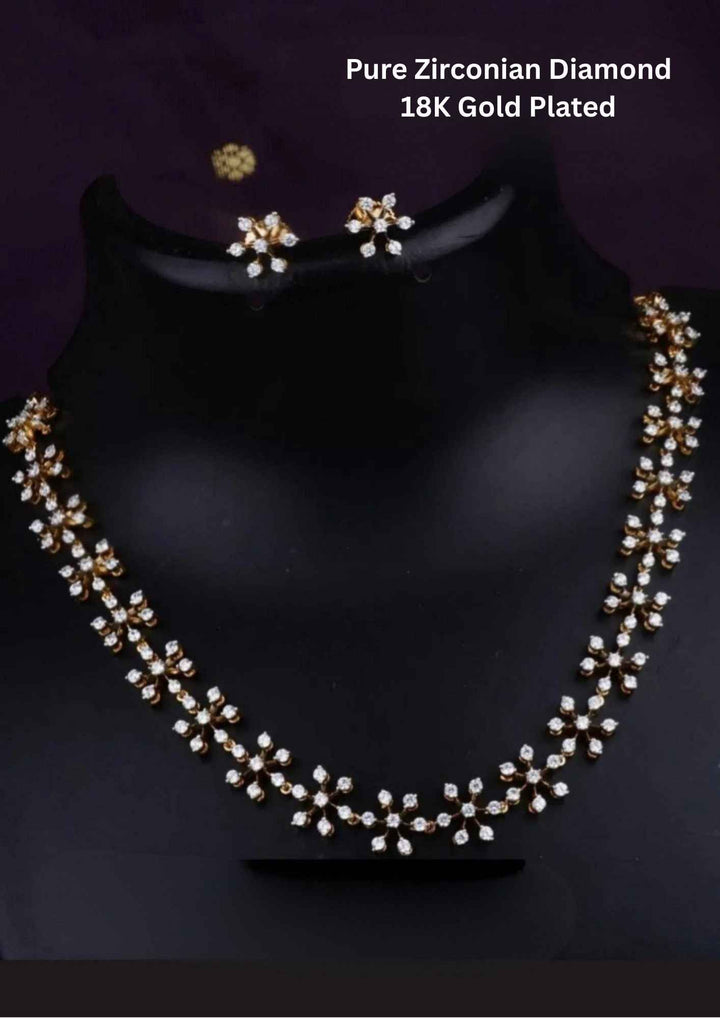 Pure Zirconian Diamond Gold Plated Flower Necklace With Earrings