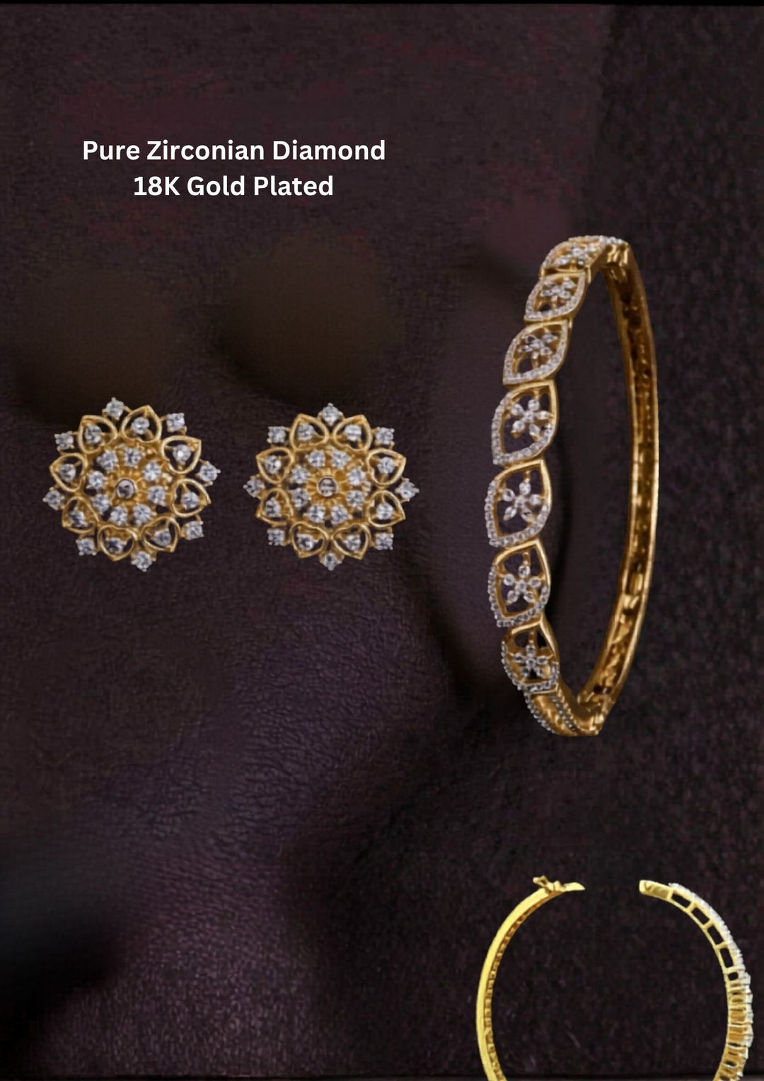 Pure Zirconian Diamond Gold Plated Openable Bracelet And Studs Combo