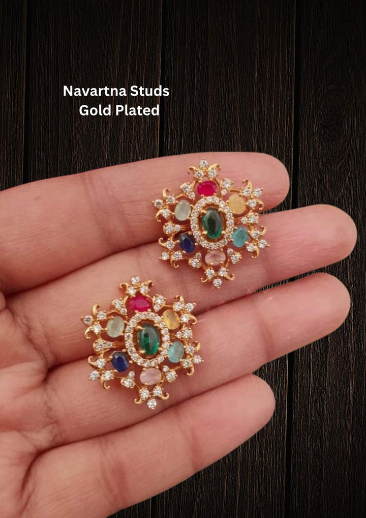 Gold-plated zircon diamond studs with Navaratna  looks very classy and  elegant can be used for daily ware , festive ware and perfect for gift 