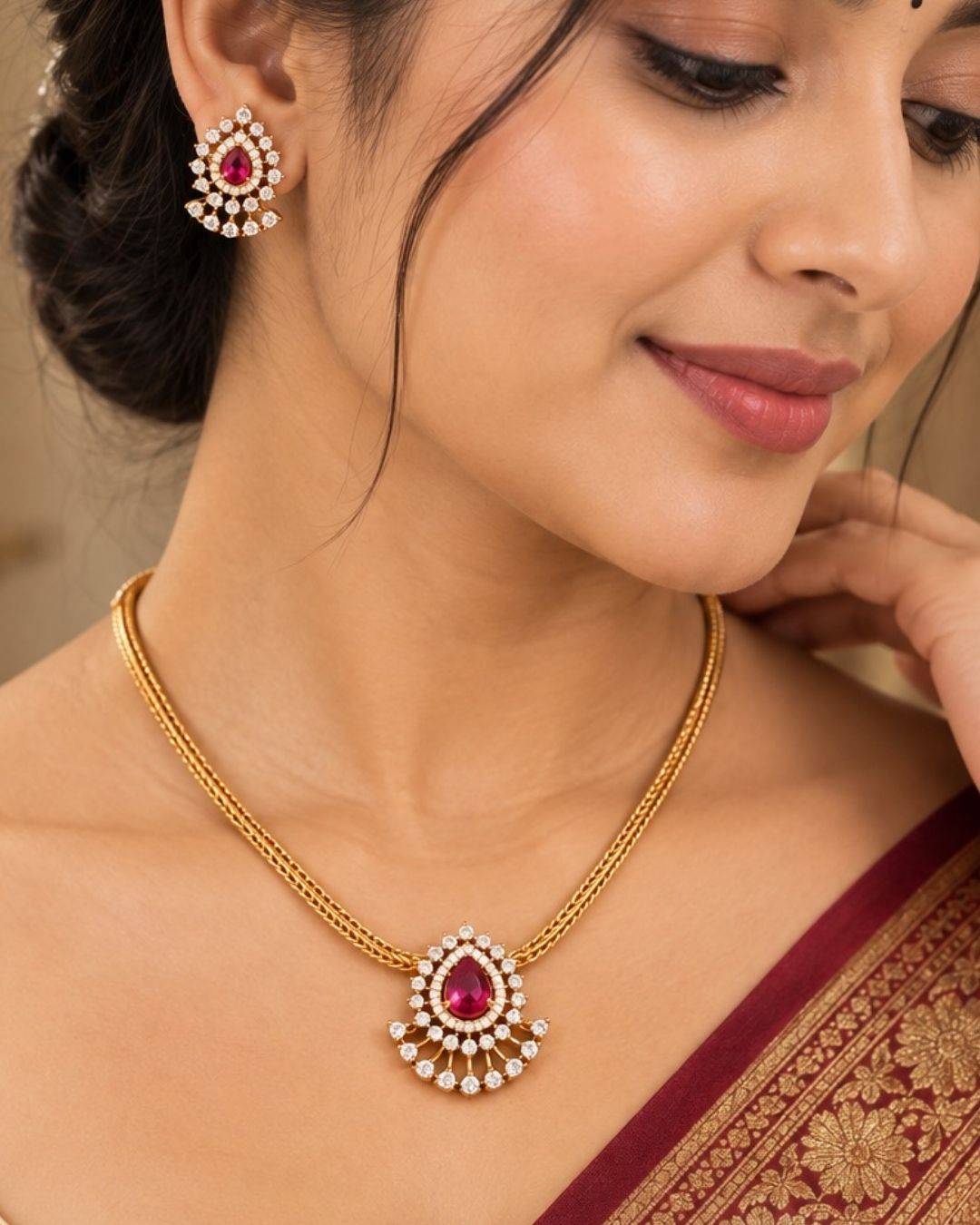 South indian women wearing a pure Zircon diamond gold plated pink ruby teardrop pendant set showing a flat golden chain and matching studs that give a graceful traditional and modern look for daily wear and office gifting with COD.