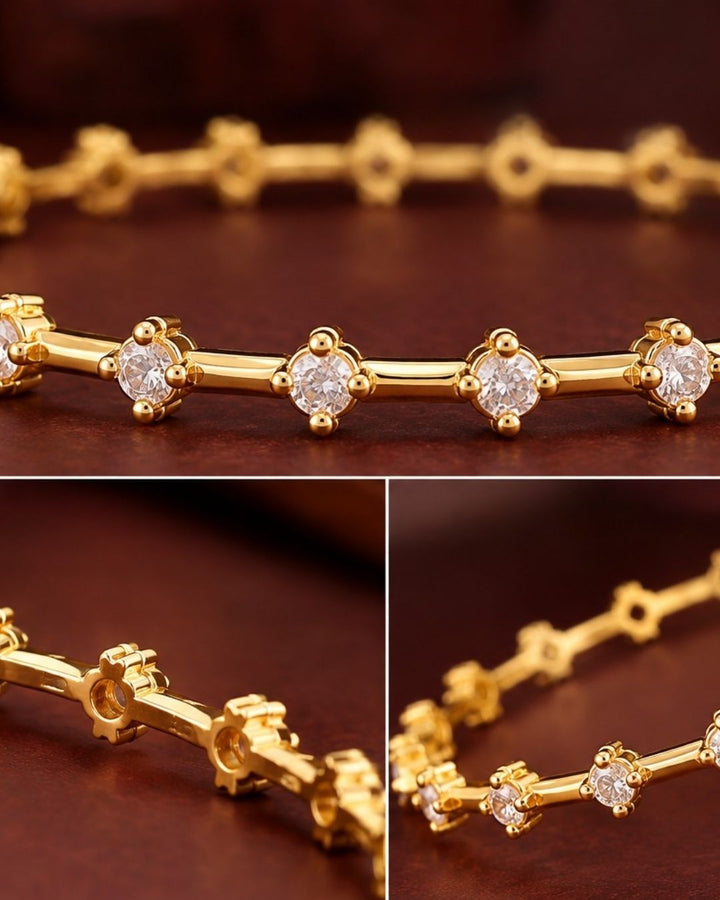 A set of four ultra-slim 18k gold plated eternity-style bangles encrusted with premium pure Zirconian diamonds. Each bangle features a continuous row of brilliant round white crystals secured in delicate square prong settings spaced evenly along a fine golden wire frame. The set is lightweight, highly durable, and skin-friendly.