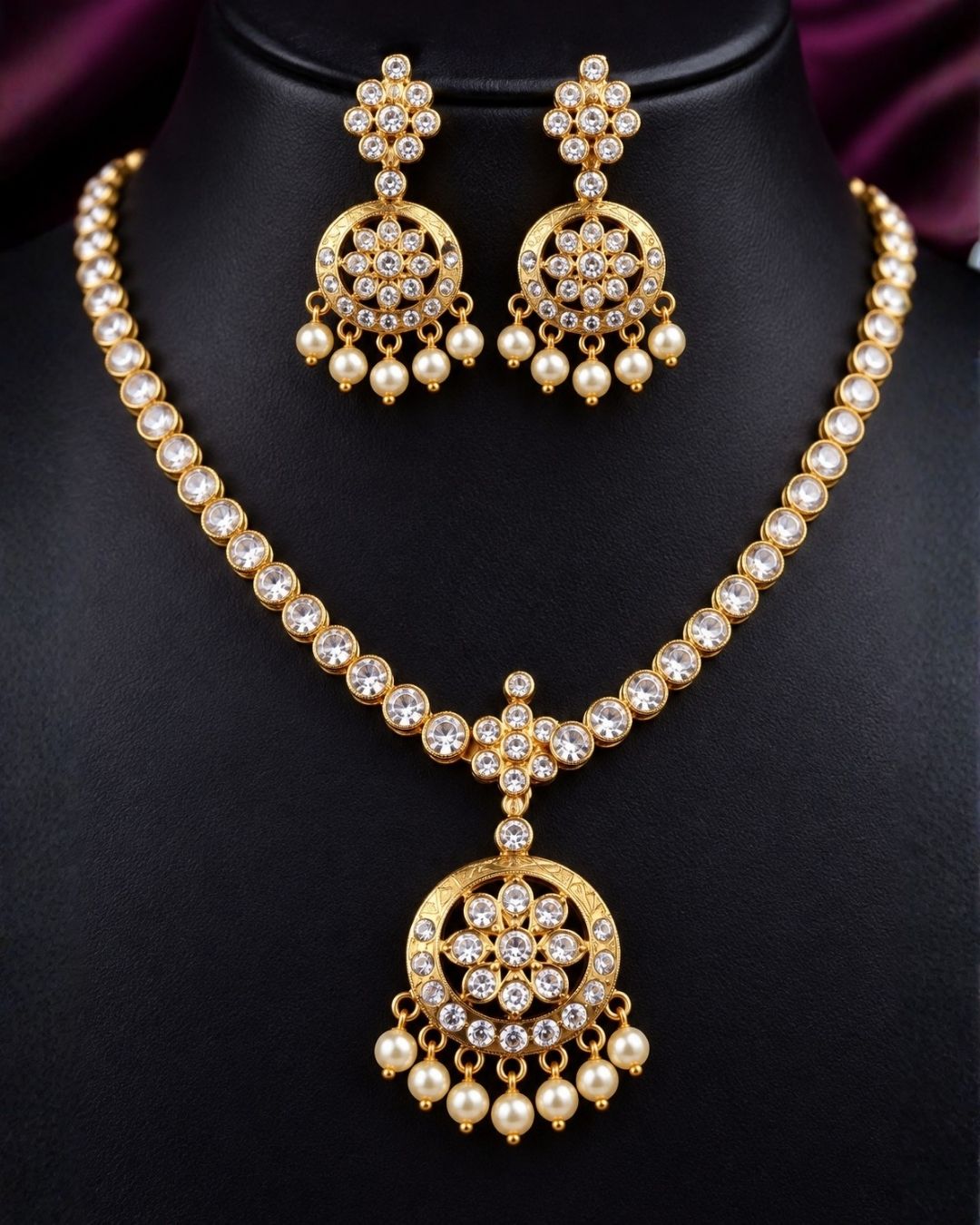 South indian Woman wearing a Gold plated zircon diamond necklace set featuring a sparkling floral pendant with pearl drops and matching earrings. Beautifully crafted with premium zircon stones, making it ideal for weddings, festive celebrations, receptions, and traditional occasions.