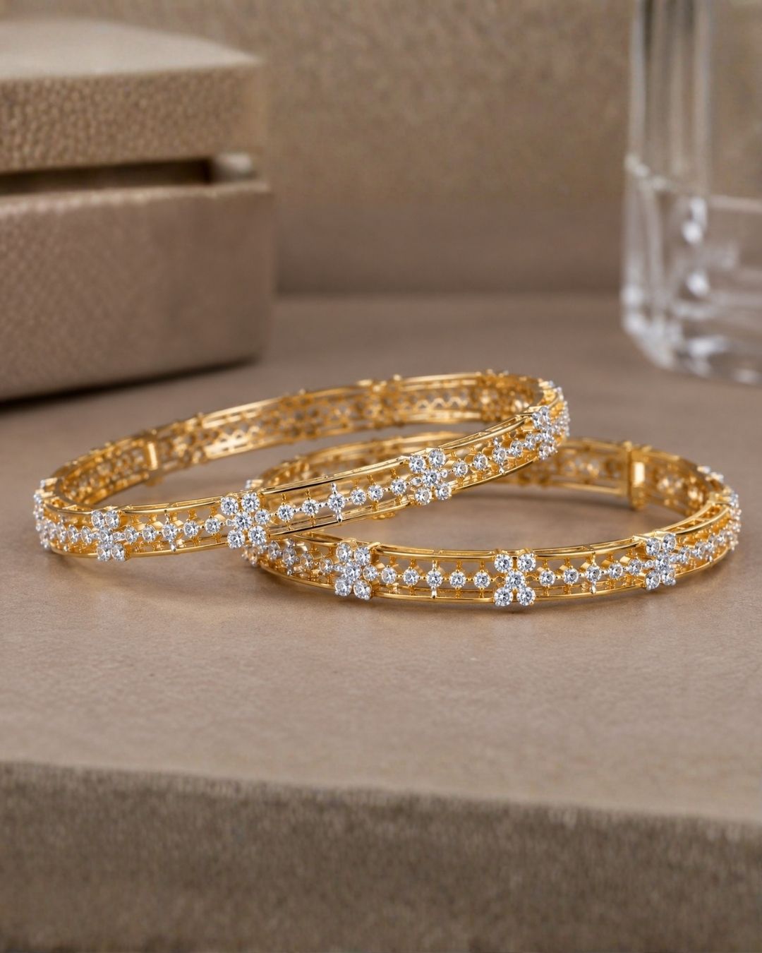 Elegant 18K gold plated zircon diamond bangles crafted with brilliant floral crystal detailing for festive and party wear.