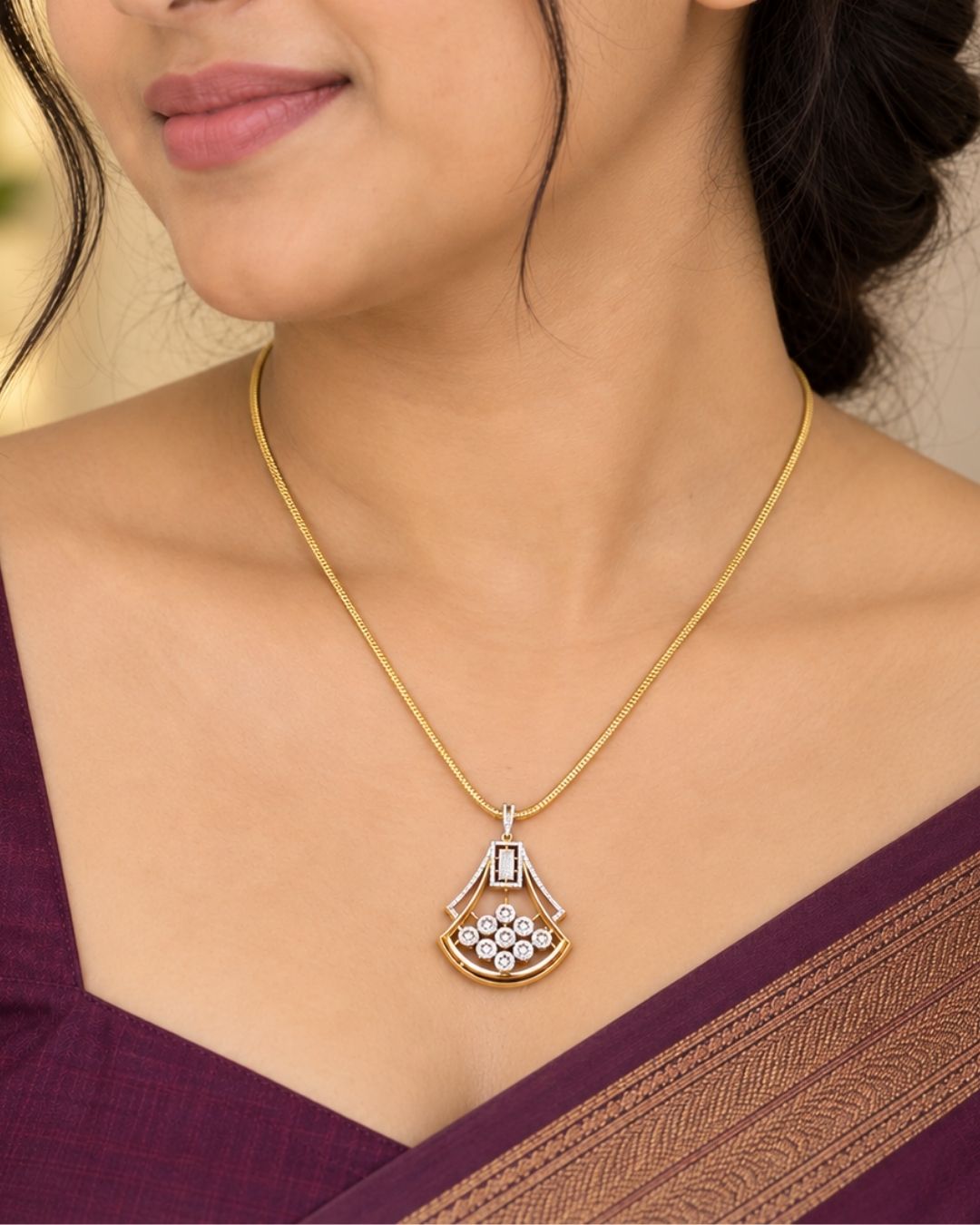 Elegant gold plated zircon diamond pendant set with sparkling crystal detailing and matching stud earrings. Perfect for daily wear, parties and gifting.