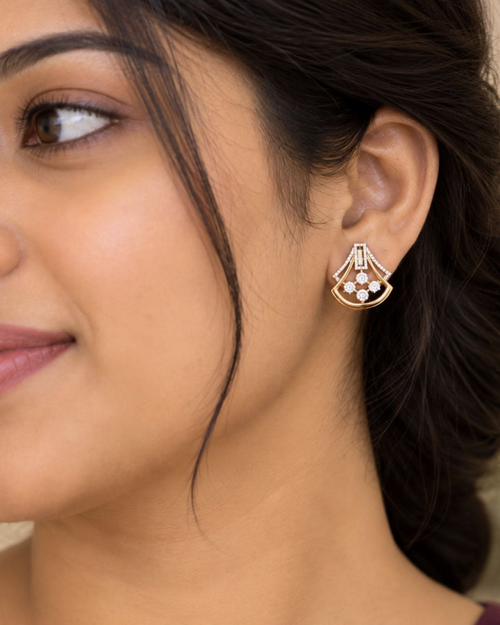 Elegant gold plated zircon diamond pendant set with sparkling crystal detailing and matching stud earrings. Perfect for daily wear, parties and gifting.