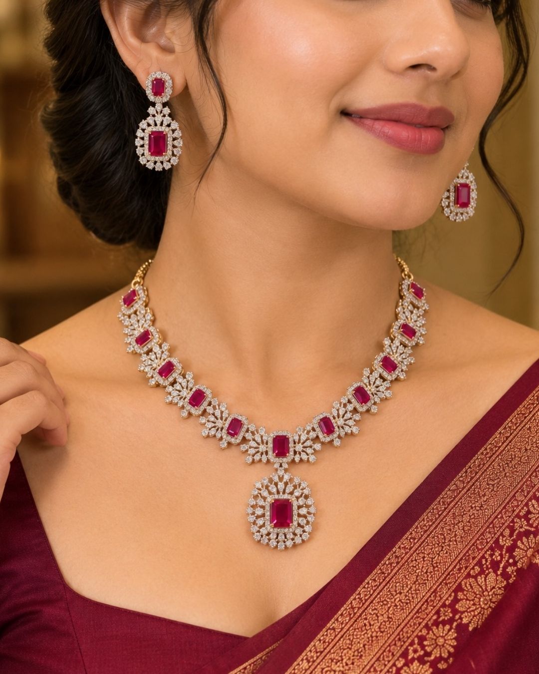Beautiful necklace set crafted with brilliant red zircon stones and sparkling diamond-like zircon detailing in a premium gold plated finish.
Includes matching statement earrings for a coordinated elegant look.
Perfect for weddings, receptions, parties, festive celebrations, and evening occasions.