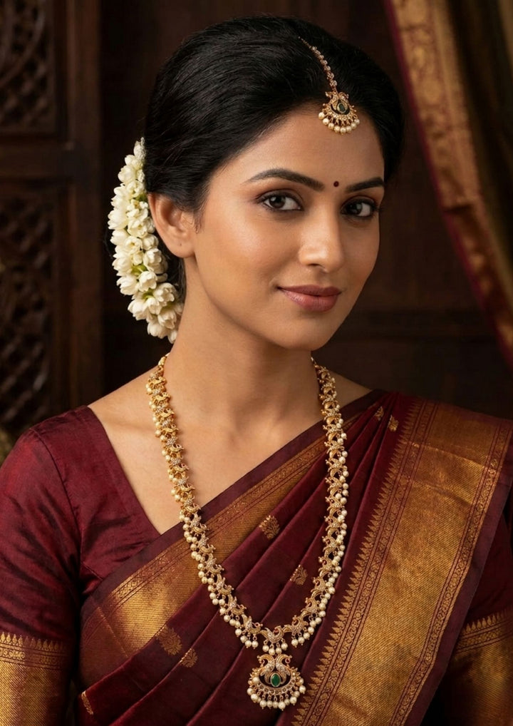 adau Kundan Gold Plated Peacock Design Haram and Necklace set with Earrings
