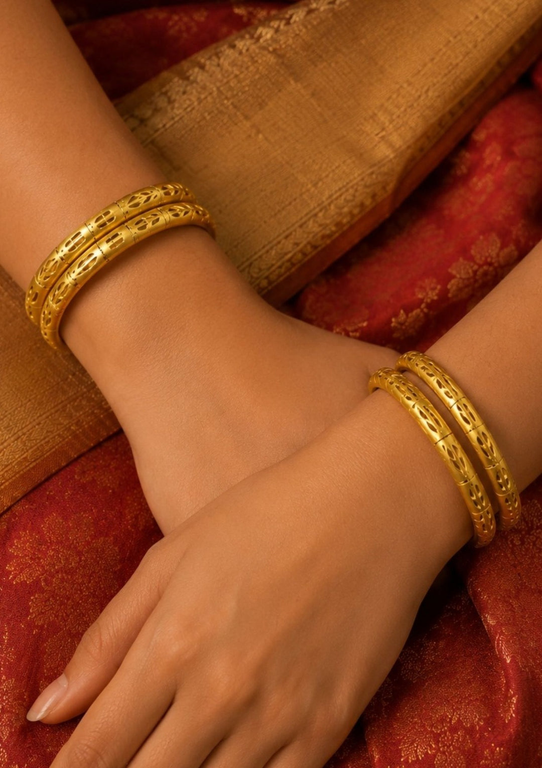  Close up offer south indian women  wearing Premium gold plated floral bangles adorned with sparkling zircon diamonds and colorful stone accents for a luxurious festive appearance, ideal for weddings and party 